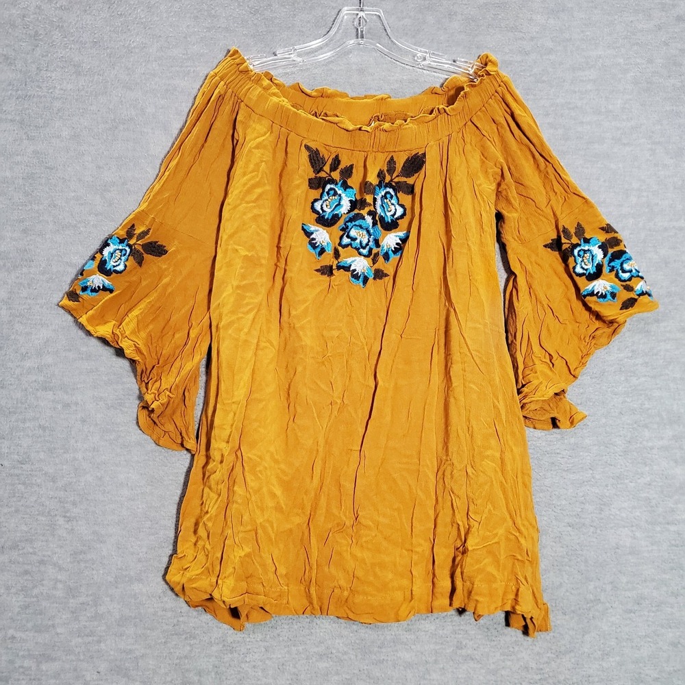 Shyanne Women Dress Large Yellow Floral Mini Shift Embroidered Off Shoulder